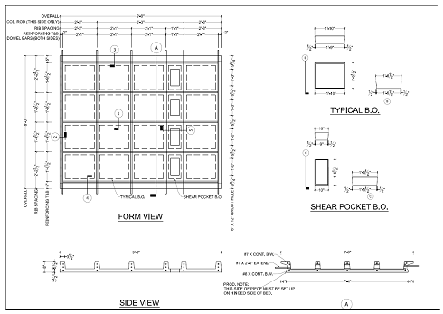 The Form View shows reinforcing and rib spacing of 2'- 1" at all locations along the length of the panel except the shear pocket over the beam which is 1'- 1".  Across the width of the panel the spacing is 2'-2" for all ribs. Section A shows the view across the width of the panel, the dowel bars for the transverse joint, and the reinforcing layout top and bottom. The Side View shows the view along the length of the panel, the keyway for the longitudinal joint, and the reinforcing top and bottom.