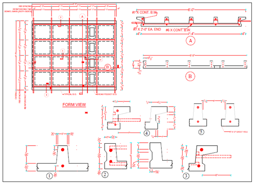 The Form View shows reinforcing and rib spacing of 2'-1" at all locations along the length of the panel except the shear pocket over the beam which is 1'-1".  Across the width of the panel the spacing is 2'-2" for all ribs.  Section A shows the view across the width of the panel, the dowel bars for the transverse joint, and the reinforcing layout top and bottom.  Section B show the view along the length of the panel, the keyway for the longitudinal joint, and the reinforcing top and bottom.  Detail 1 shows the typical rib and deck dimensions.  Detail 2 shows the longitudinal keyway dimensions. Detail 3 shows the transverse joint dimensions and reinforcing locations. Detail 4 shows the opposite transverse joint dimensions and reinforcing locations.  Detail 5 shows the shear pocket dimensions and block out location.