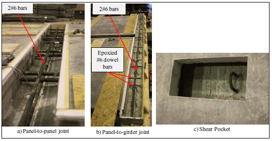 a.) Two number six bars were placed transversely in the transverse joint in addition to the dowels that were cast into the panel. b.) Dowels were anchored into the deck panel with epoxy and two additional number six bars were placed longitudinally in the joint c.) The stirrup in the beam is located in the pocket of the slab.