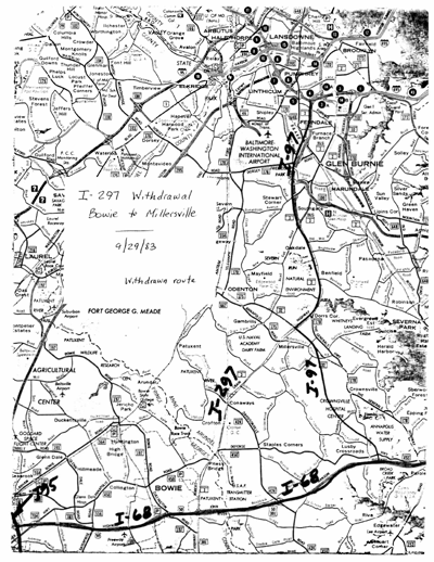 Map of Bowie to Millersville, MD I-297 withdrawal