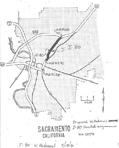Map of Sacramento, California, showing proposed I-80