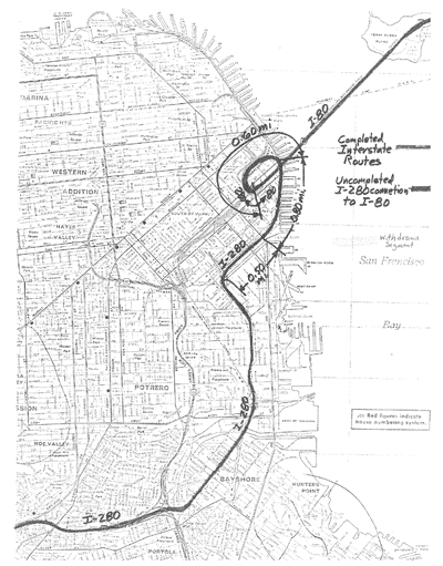 Map of San Francisco, California, showing proposed I-280