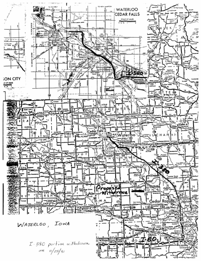 Map of Waterloo, Iowa I-380 withdrawal
