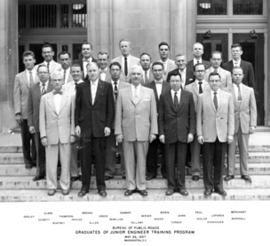 If Betty Anderson had become an engineer, and joined BPR, her Junior Engineer Training Program would have looked moreorless like the graduating class of 1957.  The first woman wouldn’t enter the training program until 1964.  The front row (left to right) shows Robley Winfrey, Chief of the Personnel & Training Division; Deputy Commissioner James C. Allen; Federal Highway Administrator Bertram D. Tallamy; Deputy Commissioner & Chief Engineer Francis C. “Frank” Turner; and William H. Stanhagen of the Training Branch.