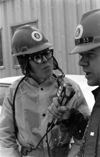 Janet Bonnema talking to a reporter at Eisenhower Tunnel, Denver, Colorado, 1972.
