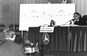 Public Hearing: Following a public hearing on June 21, 1975, Secretary of Transportation William T. Coleman, Jr., rejected the six-lane version of I-66 between the Capital Beltway and Washington, D.C. On October 2, 1976, he held a second hearing to consider whether to approve a four-lane version of the highway.