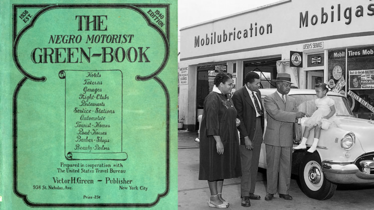Left side: Cover of the 1940 edition of the Negro Motorist Green-Book. Left side: An african-american family circa approximately 1950, gathering by their car in front of a Mobile gas station.