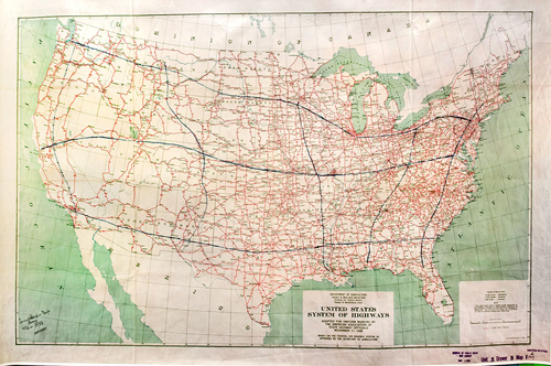 The United States System of Highways map showing the AASHO-approved U.S. numbered highways as red lines. The map, at approximately 50 inches by 32 inches, is the type of map highway officials framed for display in their offices.