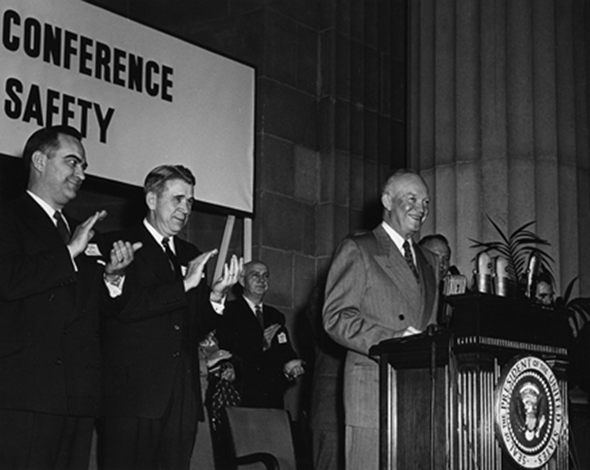 Photograph of President Dwight D. Eisenhower addressing the White House Conference on Highway Safety.