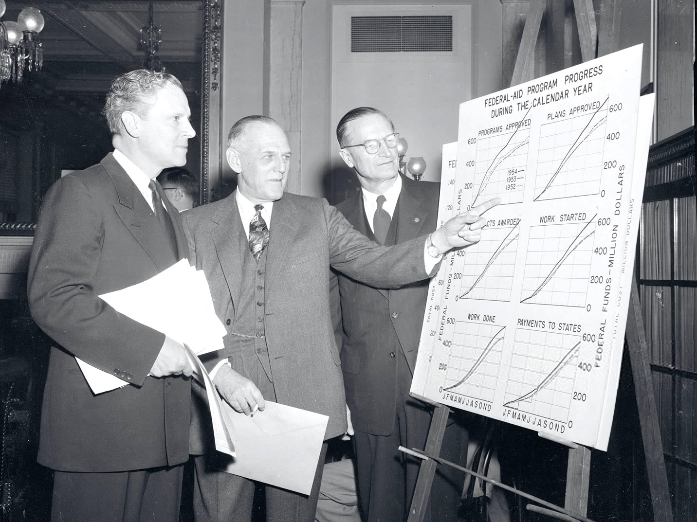 Francis V. du Pont pointing at a chart while addressing AASHO in November 1954.