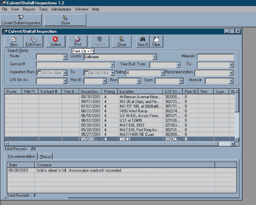 Figure 6. In-house, Access-based geographic information system used by the Maryland State Highway Administration's Hydraulics Unit. Screen capture. The software is named Culvert/Outfall Inspections 1.2. The searchable data fields shown include Route, County, Milepoint, Contract number, Year Built From and To, Inspection From and To, Rating, Recommendation, U/S Str. No., Pipe ID, Rise, Span, and Material. The screen also shows a list of 23 inspection records performed at various locations during 2003. Part of the screen shows space for recommendations and photographs.