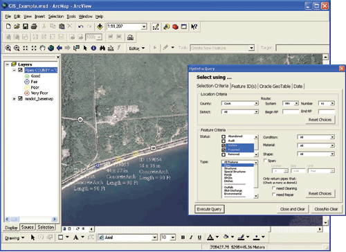 Figure 8. HYDINFRA geographic information system tools. Screen capture. The screen is labeled GIS_Example.mxd - ArcMap - ArcView. A satellite map is shown with route numbers on roadways and three culvert locations labeled with ID number, sizes, descriptions (e.g., concrete arch), and length. A HydInfra Query window, "Select using…," is open, showing four tabs: Selection Criteria, Feature ID9S), Oracle GeoTable, and Date. The Selection Criteria tab is open and includes Location Criteria (County, District, Route-System, Number, Begin MP and End RP) with option to reset choices; and Feature Criteria (Status, Type, Condition, Material, Shape, Span, checkoff to return only pipes that need cleaning, need repair, or both, and the option to reset choices.