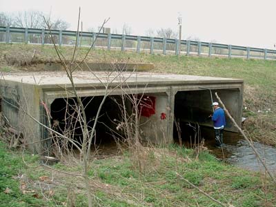 Photograph. A pair of large, square concrete culverts under a road way is shown being inspected by a worker standing in the mouth of the culvert.