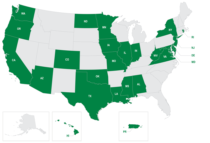 Map of US with Climate Challenge Participants in green. Information detailed for each state in table following.