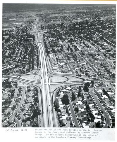 California - Interstate 280 in San Jose looking northerly.  Bascom Avenue in the foreground followed by Alameda interchange.  In the distant background at the point of curvature is the Bayshore Freeway interchange.