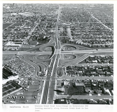 California - Stevens Creek Road interchange on Interstate 280 looking easterly along Stevens Creek Road in San Jose.