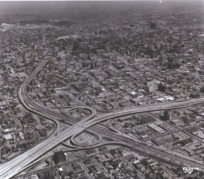 California - Interstate Route 10, the Santa Monica Freeway, meets the Harbor Freeway in Los Angeles at an interchange designed for extremely heavy traffic movements.