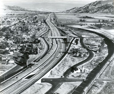 California - Diamond interchange and frontage roads on Interstate Route 10 looking easterly in Beaumont.  Traffic volume on the local street do not warrant the use of islands.