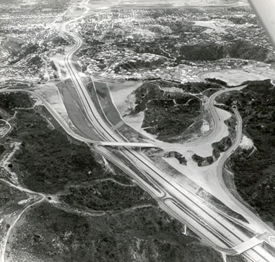 California - San Diego Freeway (I-405) - About 80,000 vehicles per day cross the Santa Monica Mountains on this freeway between San Fernando Valley and West Los Angeles.  The bridge in center of the picture is Mulholland Drive overcrossing.