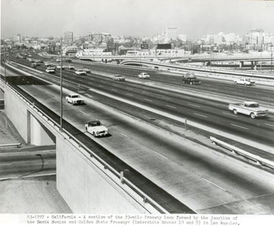 California - A section of the 23-mile freeway loop formed by the junction of the Santa Monica and Golden State Freeways (Interstate Routes 10 and 5) in Los Angeles.