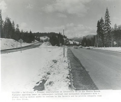 California - Freeway construction on Interstate 80 in the Sierra Nevada features opposing lanes on independent vertical and horizontal alignments with a widely varying median width to conform to the terrain and to provide adequate room for snow throw.