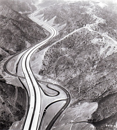 Interstate Route 405, the 8 lane San Diego Freeway in Los Angeles County, Calif., crosses over Sepulveda Boulevard near the massive Mulholland Cut.