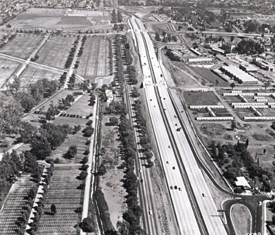 San Diego Freeway looking south to Wilshire Boulevard interchange and Santelle Veterans Hospital. California Department of Public Works photo)