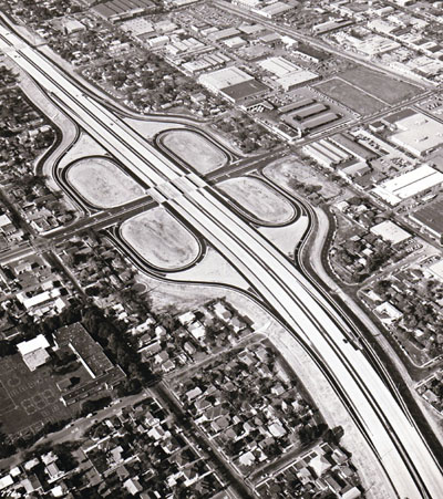 Looking northwest along the Golden State Freeway showing western Avenue cloverleaf in Glendale (four-quad cloverleaf interchange with collector-distributor roads.) California Department of Public Works photo