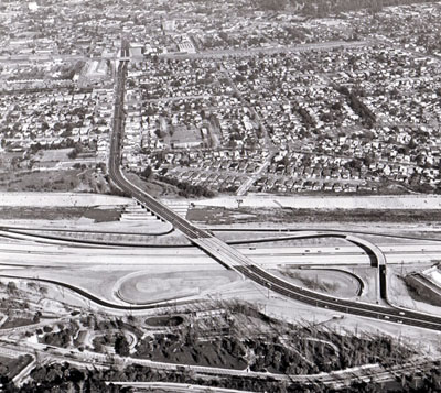 I-5 Golden State Freeway in foreground. (California Department of Public Department of Public Works photo.