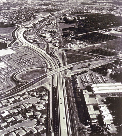 Santa Ana Freeway looking southeasterly toward Anaheim line with interchange with Euclid Avenue in center. (California Department of Public Works photo)