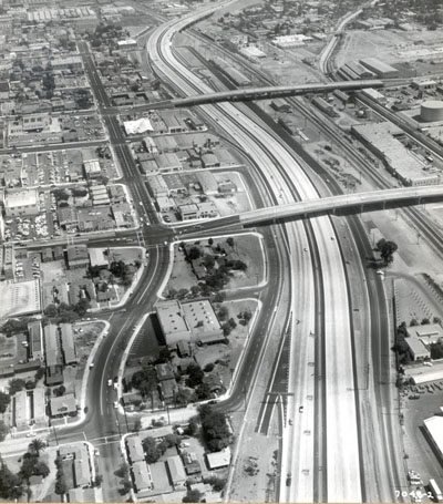 California - Recently completed contract on Interstate 5 in Burbank with the Magnolia Avenue structure and Olive Avenue structure in the center of the picture.  Aug 16, 1959.