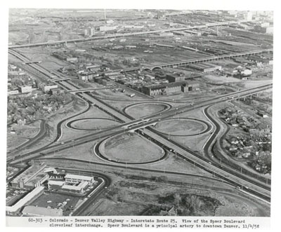 Colorado - Denver Valley Highway - Interstate Route 25 at the Speer Boulevard cloverleaf interchange.  Speer Boulevard is a principal artery to downtown Denver.  11/4/58.