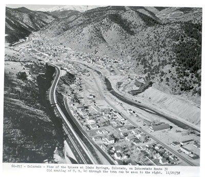 Colorado - View of the bypass at Idaho Springs, Colorado, on Interstate Route 70. Old routing of U.S. 40 through the town can be seen to the right.  11/20/58.