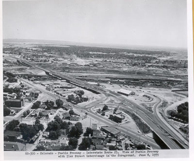 Colorado - Pueblo Freeway - Interstate Route 25.  View of Pueblo Freeway with Ilex Street interchange in the foreground.  June 8, 1959