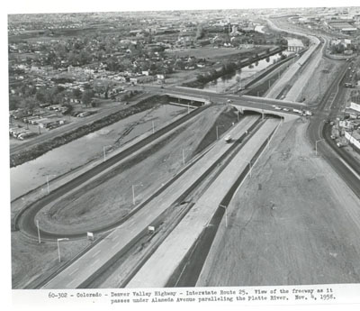 60-302- Colorado - Denver Highway Interstate Route 25.  View of the freeway as it passes under Alameda paralleling the Platte River.  Nov. 4, 1958.