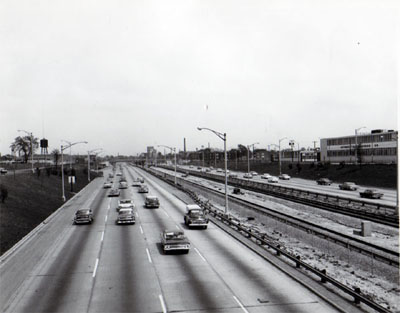 View of Interstate 90 - Congress Street Expressway showing depressed section of Congress Street.  Expressway with C.A. & E. RR using median strip.  Looking East from Larmaie Avenue.  