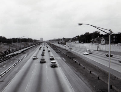 View of Interstate 90 - Congress Street Expressway showing depressed section of Congress Street.  Expressway with C.A. & E. RR using median strip.  Looking East from Larmaie Avenue.  