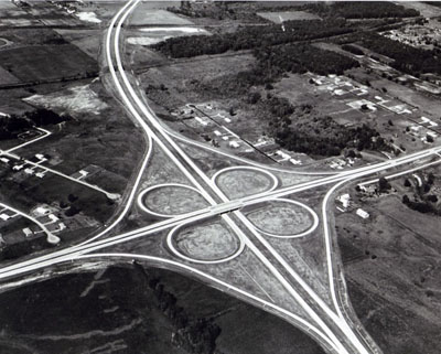 Interstate 69, here meeting Indiana State Route 14 at a cloverleaf interstate section, bypasses Fort Wayne. (Not yet in use when photographed.)