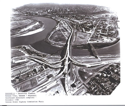 Kansas - Intercity Viaduct in Kansas City - Kansas-Missouri westbound structure complete November 1962. (Kansas State Highway Commission Photo)