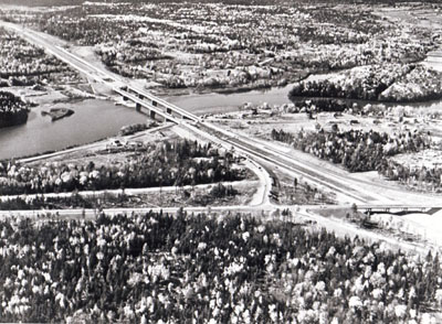 Twin Interstate Bridges on I-95 across the Penobscot River at Medway. These structures opened to traffic in the Fall of 1966.