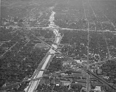 Michigan, Detroit.  Aerial view looking NE along Ford Expressway from vicinity of Grand River Avenue intersection area