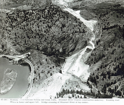 Montana - I-15 between Helena and Great Falls.  Missouri River Canyon construction underway.  Existing road shows in lower and upper left. Bridge crossing of Missouri River at top center.