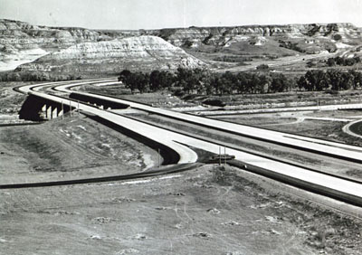 North Dakota- Looking easterly on Interstate 94 through the Theodore Roosevelt National Park and the crossing of the Interstate over the Little Missouri River.