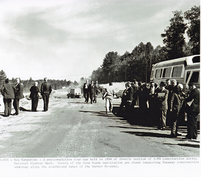 New Hampshire- A pre-completion tour was held in 1966 of 10-mile section of I-89 construction during National Highway week.  Guests for the Good Roads Association are shown inspecting freeway construction underway along the southbound lanes of the Warner By-pass