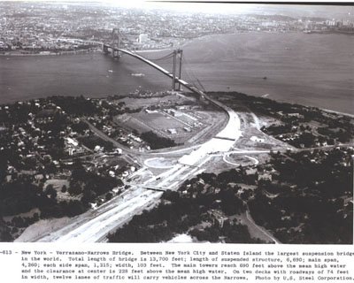 New York - Verrazano-Narrows Bridge between New York City and Staten Island is the largest suspension bridge in the world.  Total length of bridge is 13,700 ft; length of suspended structure, 6,690 ft; main span, 4,260 ft; each side span, 1,215 ft; width, 103 ft.  The main towers reach 690 ft above the mean high water and the clearance at center is 228 ft above the mean high water.  On two decks with roadways of 74 ft in width, twelve lanes of traffic will carry vehicles across the Narrows.  (Photo by U.S. Steel Corporation)