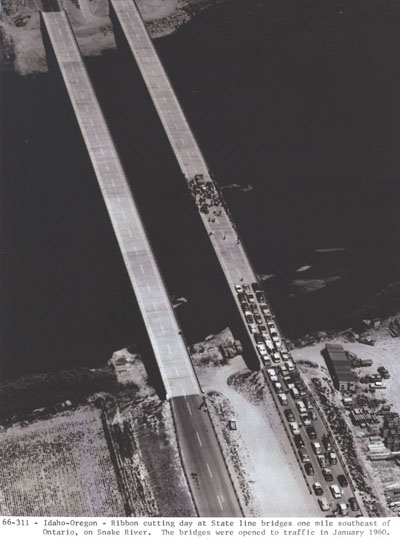 Idaho-Oregon - Ribbon cutting day at State line bridges one mile southeast of Ontario, on Snake River.  The bridges were opened to traffic in January 1960