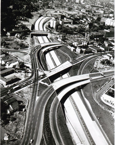 Oregon- The Stadium Freeway, I-405, in Portland is currently under construction.  The 5th Street freeway on-ramp is in lower half of the photograph.  The freeway when completed, will bypass downtown Portland on the west.