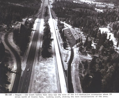 Oregon - Cow Creek Safety Rest Area was the site of the I-5 dedication ceremonies about 29 miles north of Grants Pass.  Looking south, showing the twin installations of the area.