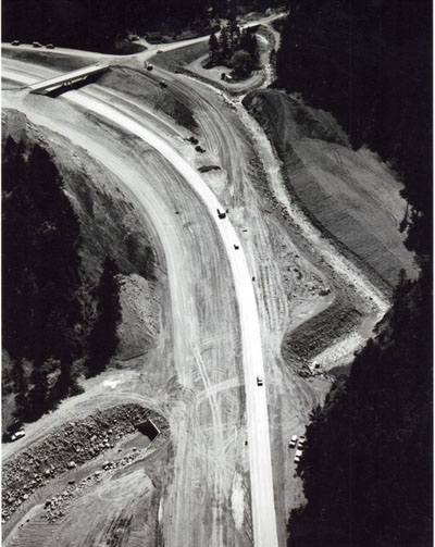 Oregon - Construction underway on one of the last segments of Oregon's I-5 south of Canyonville.  Shown here is the West Fore Interchange taking shape, with the two southbound lanes of the freeway in use.