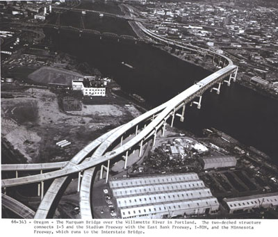 Oregon - The Marquam Bridge over the Willamette River in Portland.  The two-decked structure connects I-5 and the Stadium Freeway (I-405) with the East Bank Freeway, I-80N (now I-84), and the Minnesota Freeway, which runs to the Interstate Bridge (I-5 across the Columbia River).